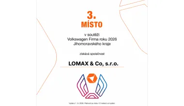 Certificate awarding LOMAX third place in Volkswagen Firma roku 2026 in the South Moravian Region